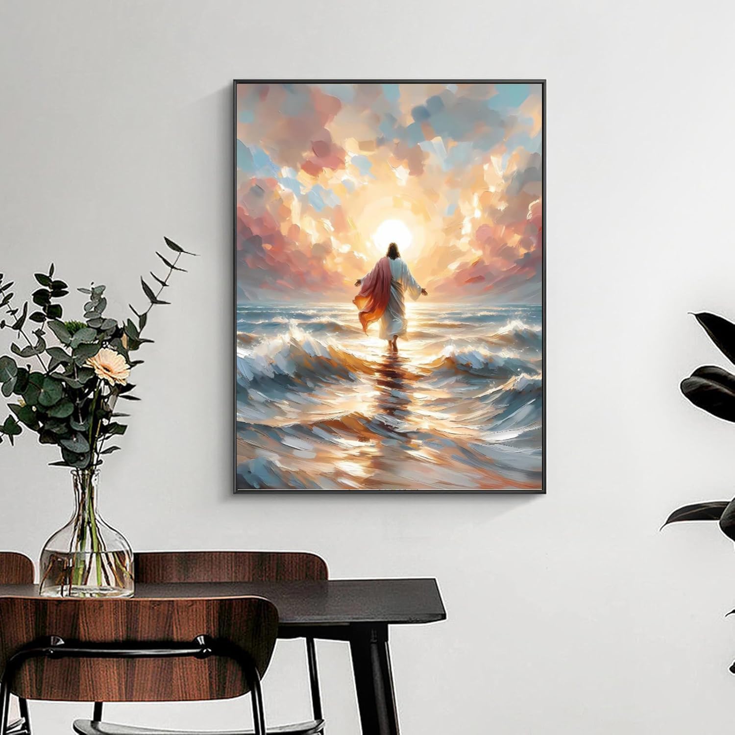 Jesus Diamond Art Kits for Adults,5D Sunset Beach Full Round Drill Diamond Painting Kits for Adults Beginners,DIY Diamond Painting Gem Art Kits for Gift Home Wall Decor 12x16inch