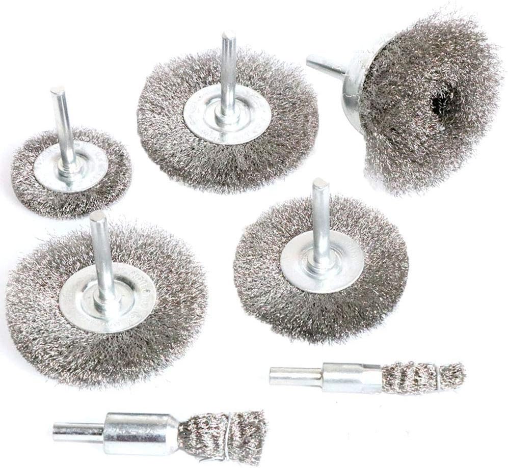 FPPO Stainless Steel Wire Wheel Brush & Crimped Cup Brush Kit for Drill,Fine Wire Diameter 0.0059 Inch,for Rotary Tool with 1/4-Inch Shank,Removal of Rust,deburring,Paint (7pcs)