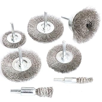 FPPO Stainless Steel Wire Wheel Brush & Crimped Cup Brush Kit for Drill,Fine Wire Diameter 0.0059 Inch,for Rotary Tool with 1/4-Inch Shank,Removal of Rust,deburring,Paint 7pcs