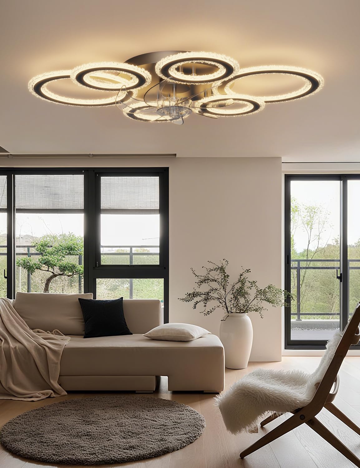 Deckenventilator mit Beleuchtung Smart und Dimmbar, Alexa & App Steuerung via Bluetooth (Kein WLAN), 6 Ring Deckenlampe mit Ventilator und Fernbedienung für Wohnzimmer, Schlafzimmer, Schwarz