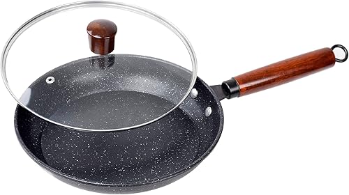 Buecmue Nonstick Frying Pan Skillet with Glass Lid, Non Stick Granite Fry Pan, Egg Pan Omelet Pans, Stone Cookware Chef's Pan, PFOA Free (9.5inch)