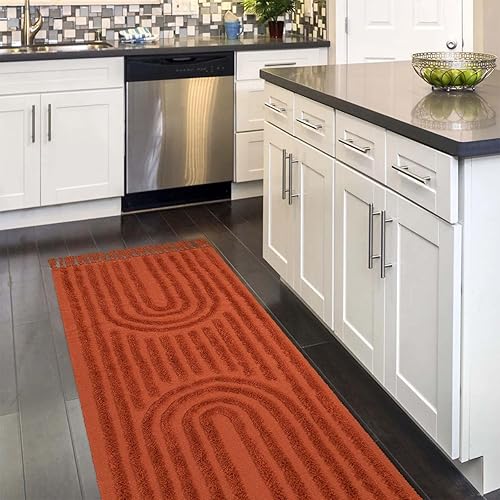 LEEVAN Alfombra de pasillo de 2 x 6 pies, alfombra lavable de baño en terracota, alfombras de cocina de algodón tejidas con borlas, alfombra de