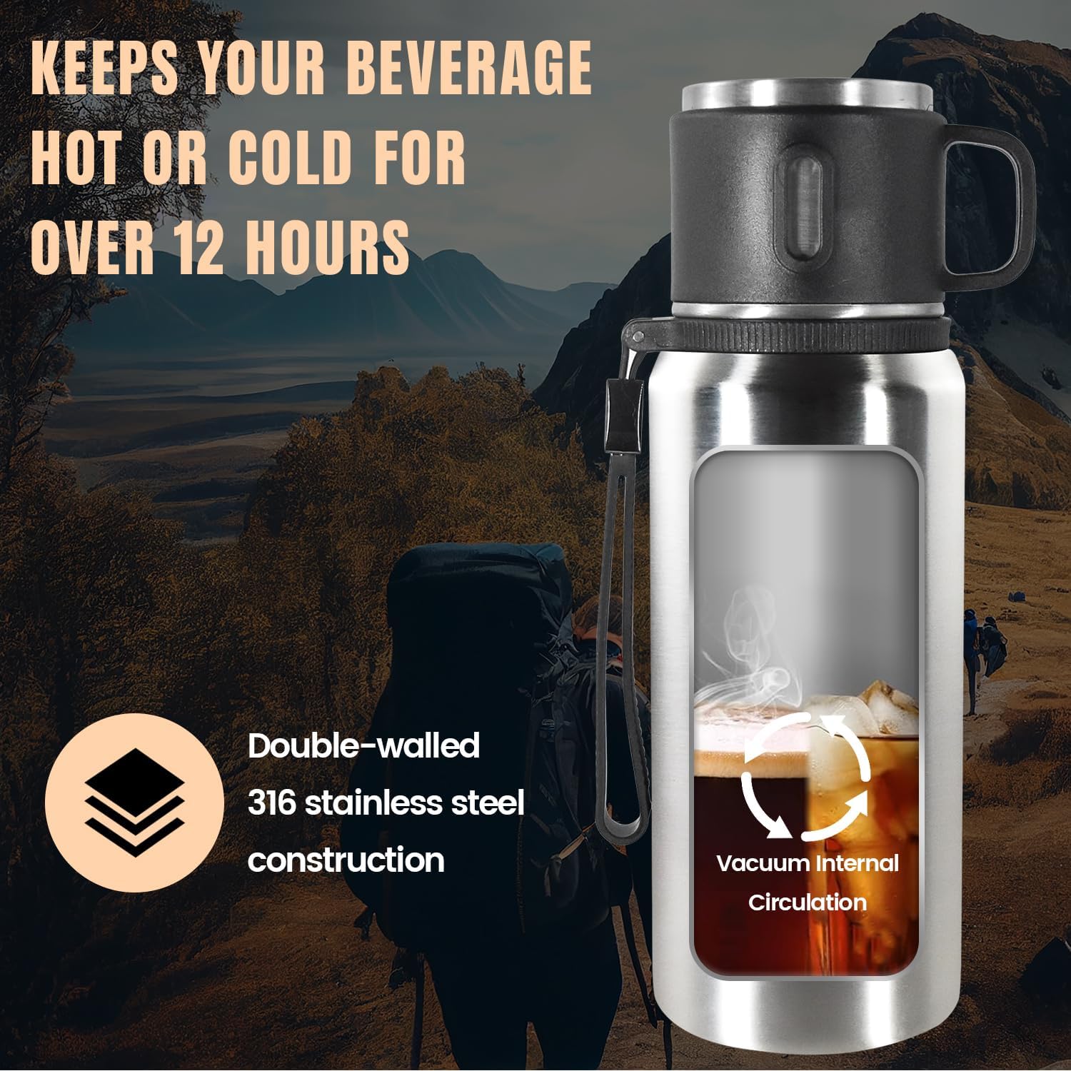 Stainless Steel Insulated Bottle, 27oz with cup Vacuum Insulated Water Bottle, Thermo for Hot Drinks/Cold Drinks,24-Hr Insulation Commute, Travel - Image 6