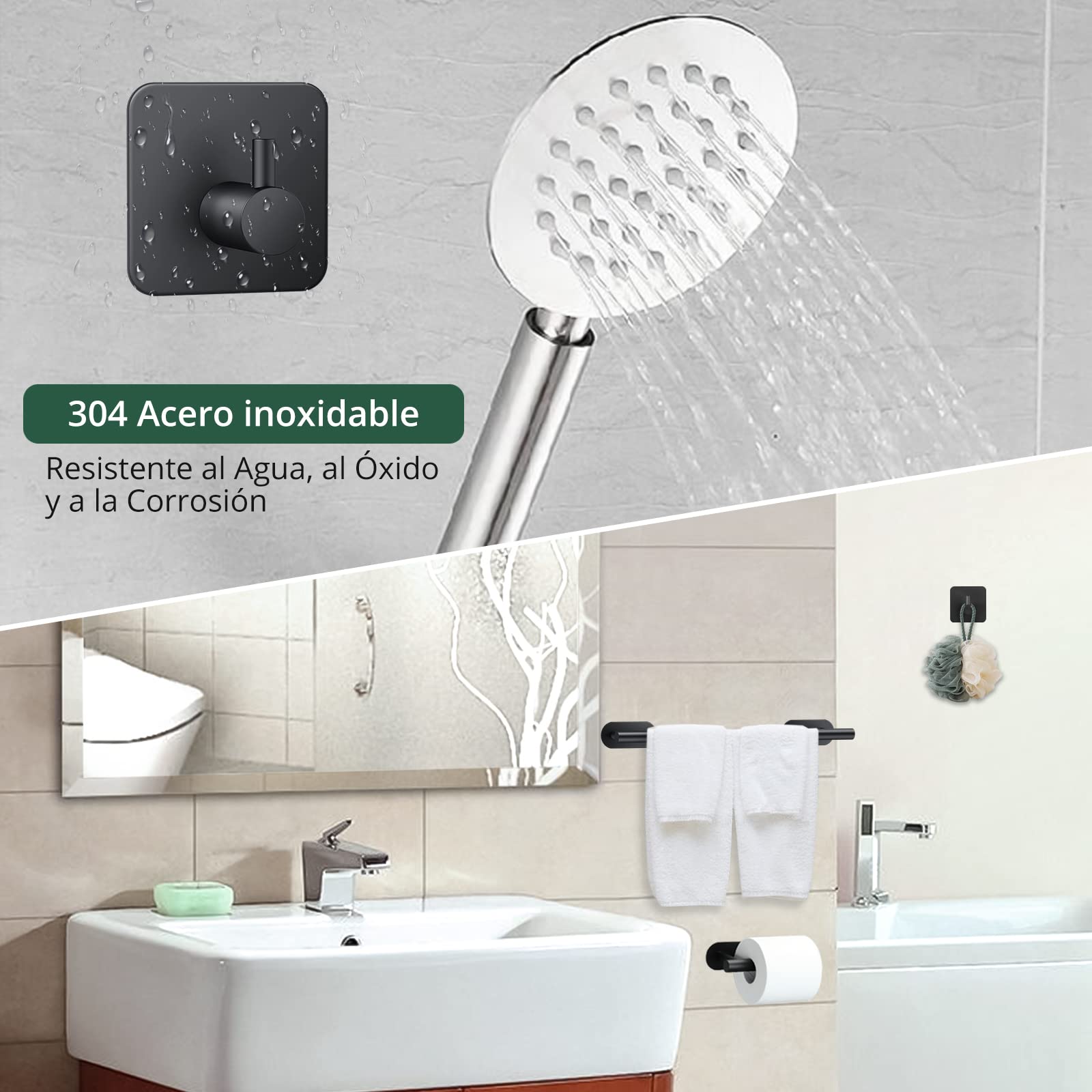 JiGiU Toalleros Adhesivos 40cm, 5 Piezas Juegos de Accesorios de Baño, Toalleros Baño Extensible Sin Taladro Acero Inoxidable 304 para Baño Color Negro