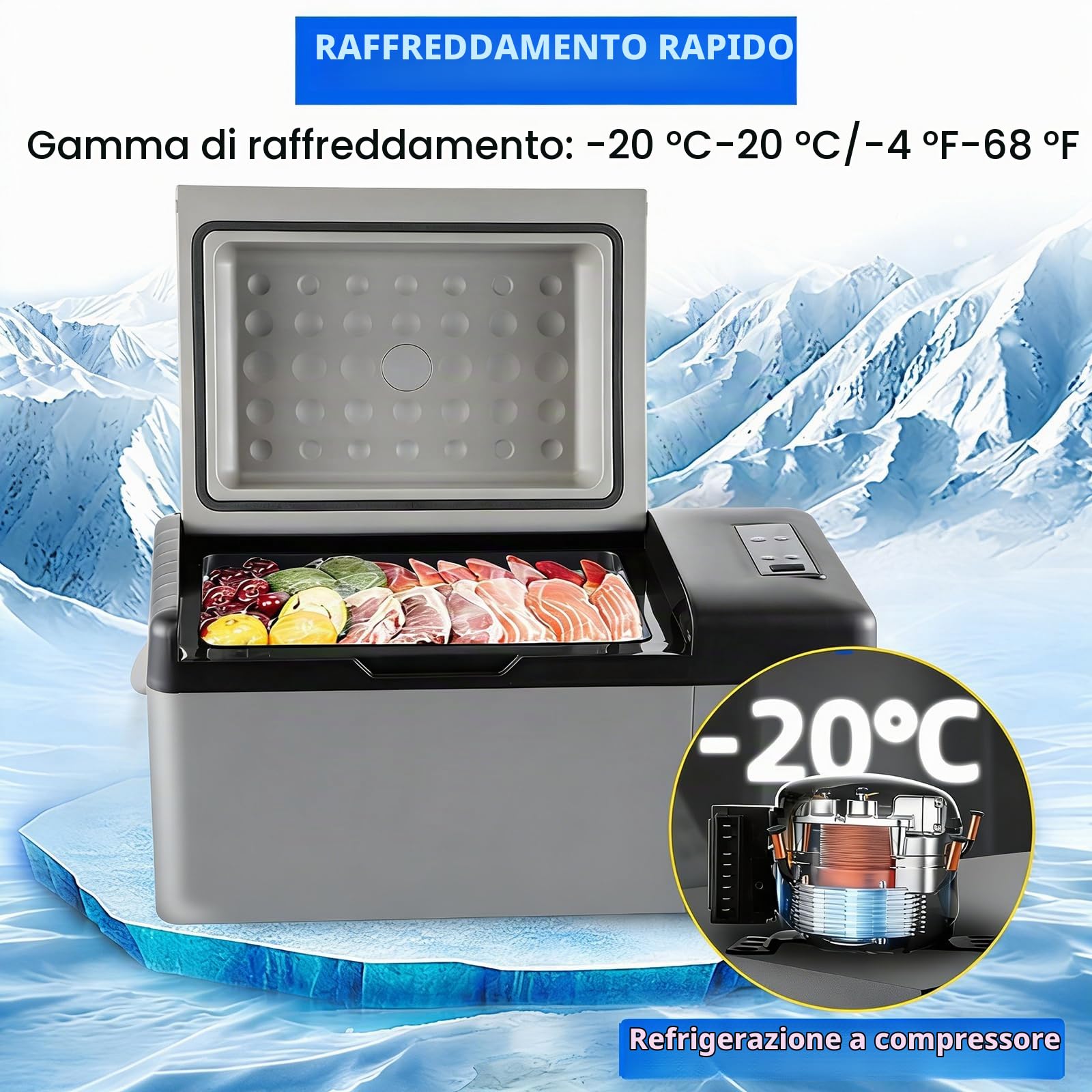 Frigorifero Portatile Auto 12V, Frigo Compressore da Campeggio -20℃~20℃, Mini Congelatore per Auto Camper SUV e Viaggi, Raffreddamento Rapido per Bevande, Alimenti e Outdoor