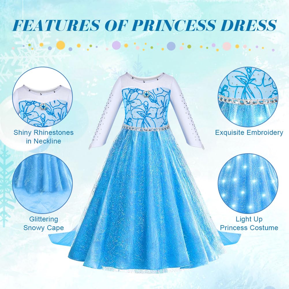 ACWOO Elsa Vestito Set, Costume Elsa Anna Congelamento Bambina Principessa con Corona Bacchetta, LED Luminoso Costume da Principessa per la Halloween Cosplay Party Compleanno Vestito Fantasia