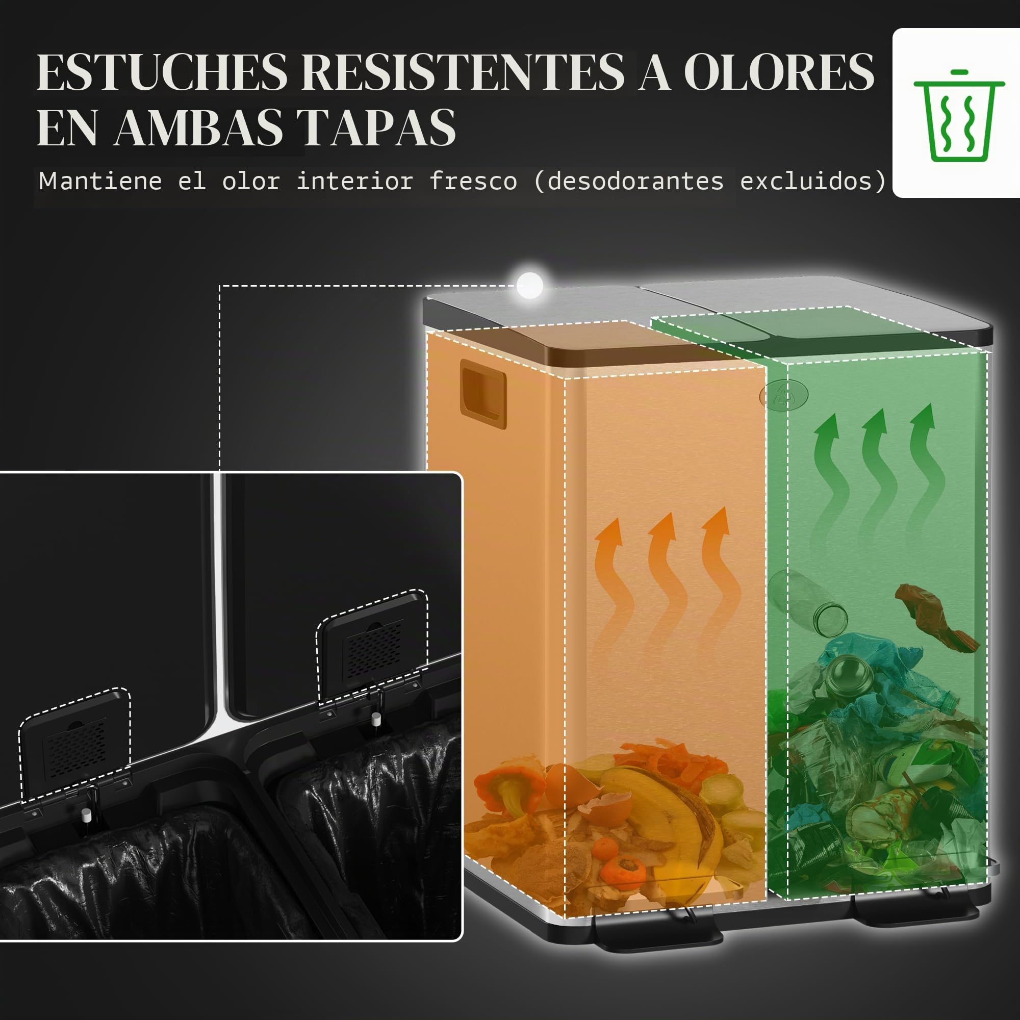 HOMCOM - Papelera de cocina doble, 2 x 20 L, cubo de pedal de acero inoxidable, 2 tapas de cierre suave, cubos interiores extraíbles y asas anti-huellas dactilares, 45,8 x 36 x 51,6 cm
