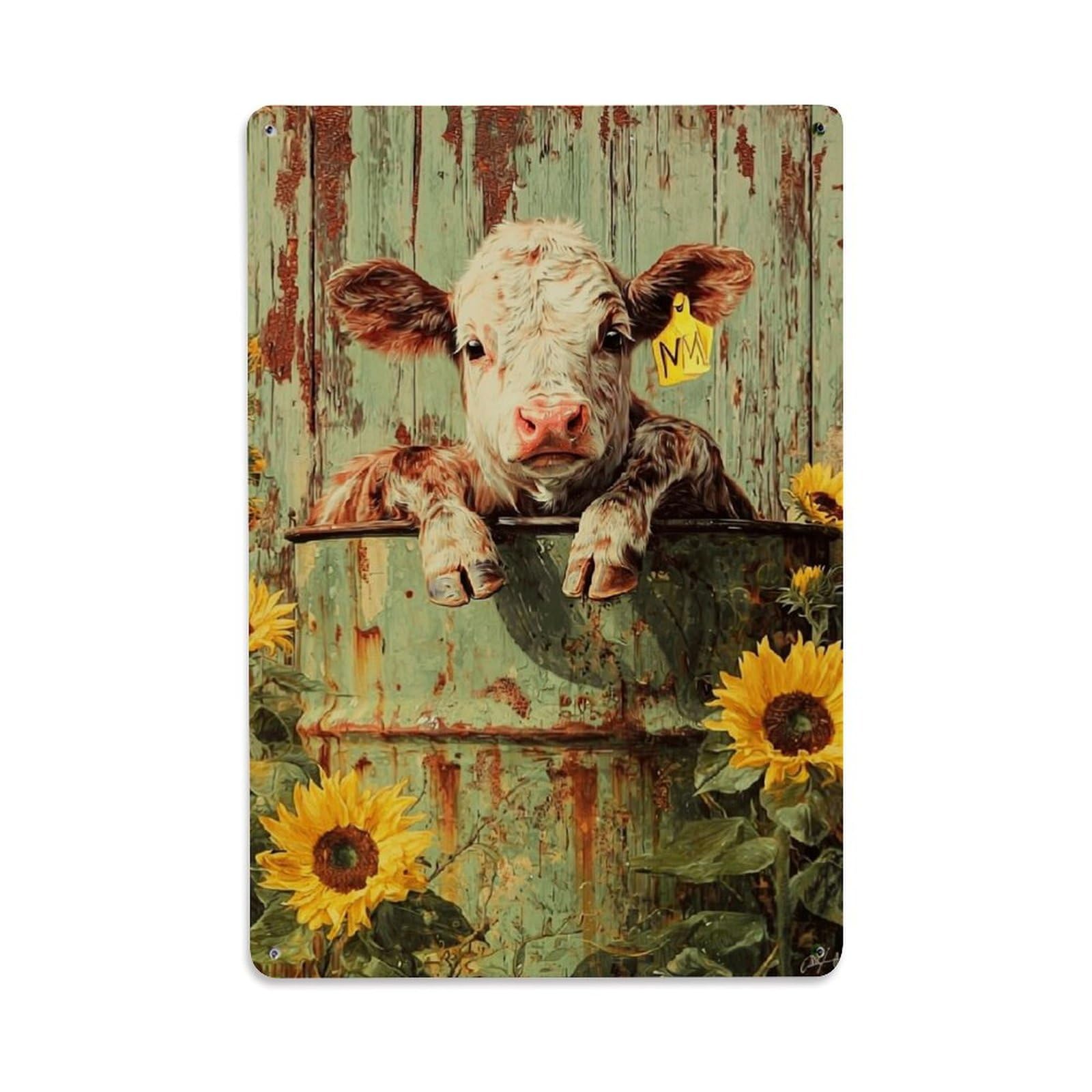 Nestemfo Vintage Calf In Rusty Barrel Sunflowers Tin Sign Metal Sign, Living Room,Bar, Home, Bedroom Wall Decor,Retro Metal Poster 8X12 Inches