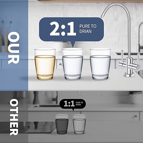 Miniatura 4 de Filtro de agua de ósmosis inversa debajo del fregadero, sistema de filtro de agua, 800GPD para fregadero, sin tanque, 2 1 puro para drenar, reducir