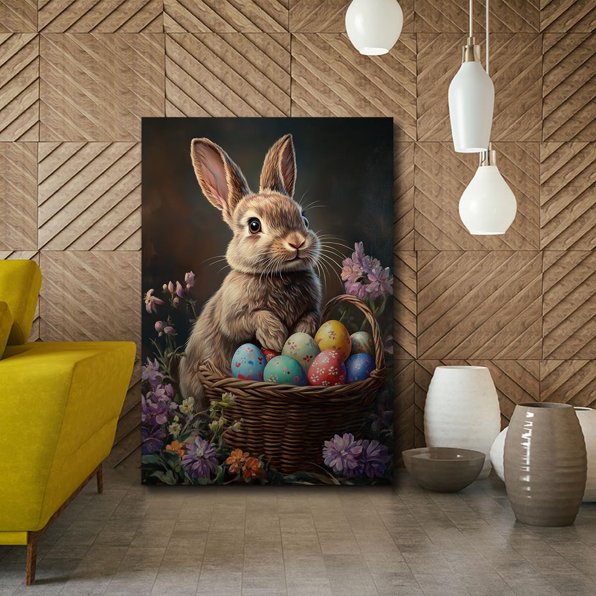 TOANGWALL Wiosna Święta: Brązowy Brązowy Obraz Na Płótnie Pisanki Koszyk Kwiatowy Plakat Ciemne Tło Grawerowanie Mural Do Dekoracji Klasy 80x120cm
