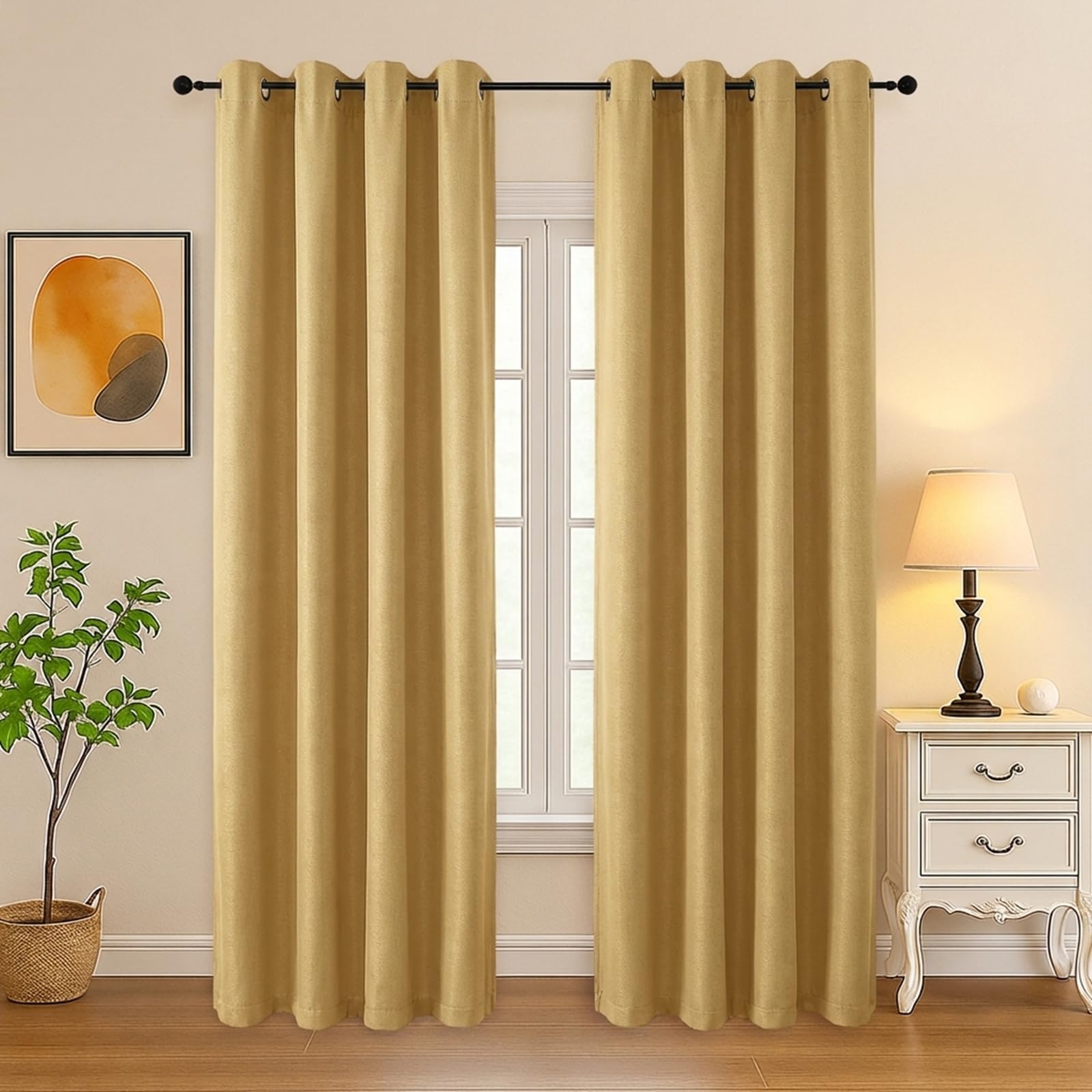Simplebrand Gold Room Darkening Curtains for Bedroom Living Room 84 Inch Length 2 Panels Set, Thermal Insulated Curtains &amp; Drapes, Solid Grommet Noise Reducing Window Treatment, W50 x L84 Inch