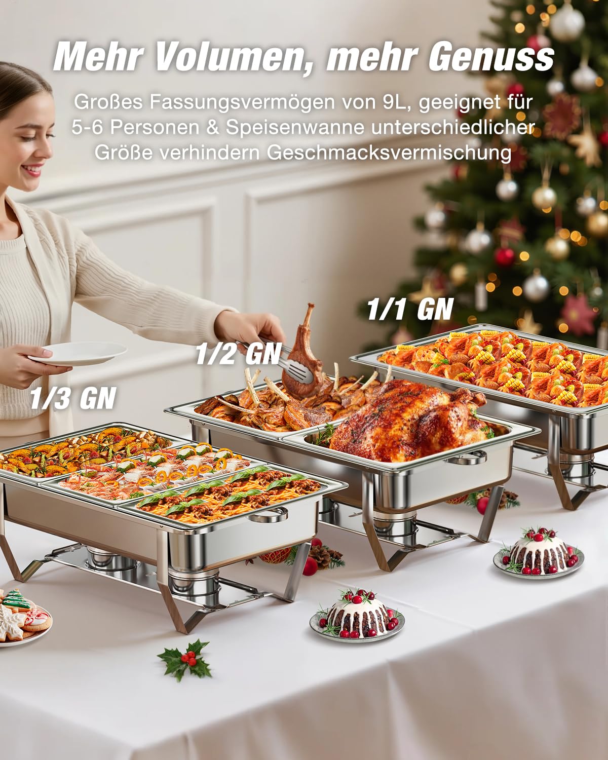 WARMOUNTS Chafing Dish Buffet Set 9L, Edelstahl Speisenwärmer für Catering, Hochglanzpoliert, Klappbarer Rahmen, Halterung, Großes Warmhaltebehälter für Party (4er Set 2x1+2x1/2+3x1/3 Einsätze)