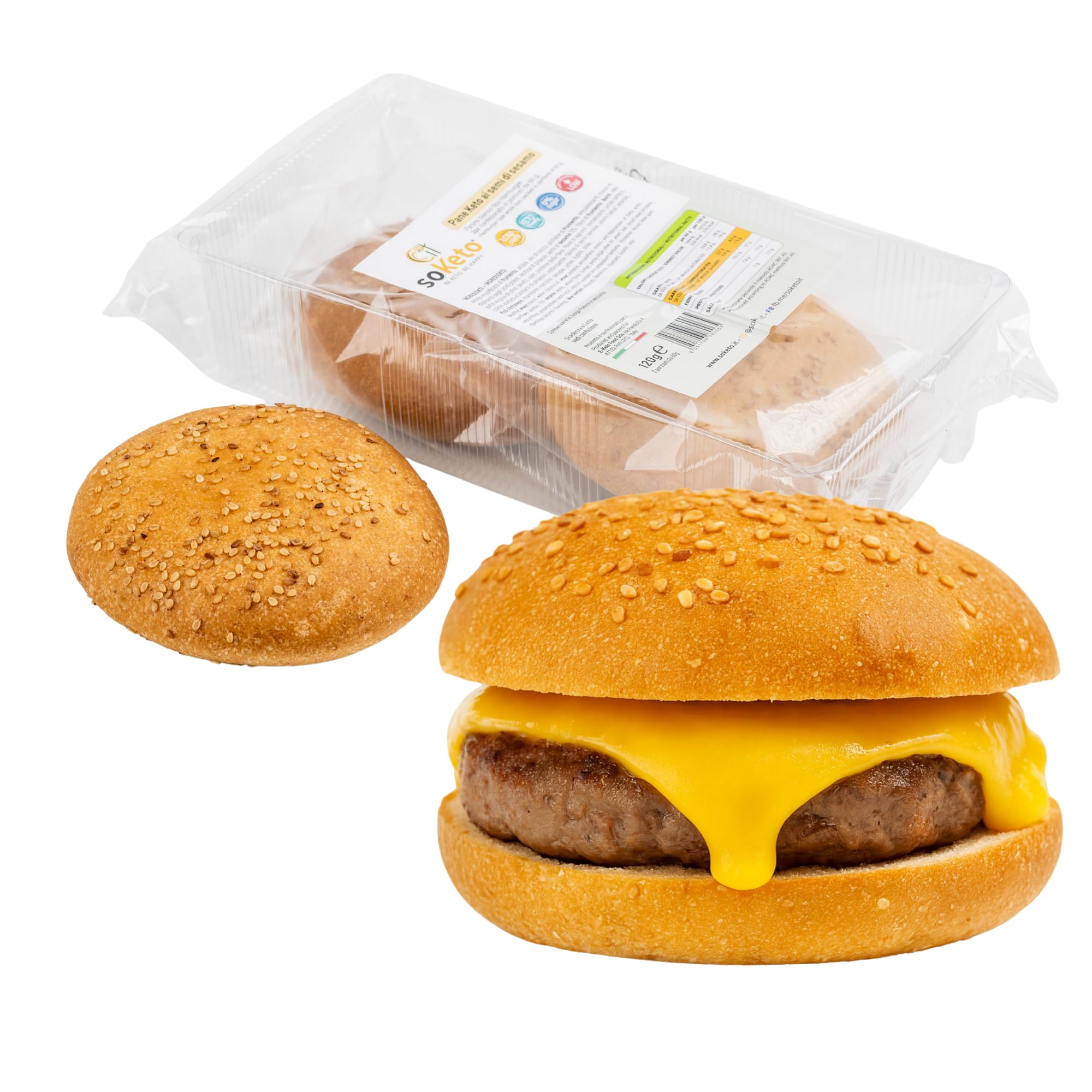 Lot de 10 Pain Keto aux graines de sésame pour Burger Keto SoKeto (10 x 60 g) avec 2,7 g de glucides par portion pour régime céto/protéique/diétique Ig<2