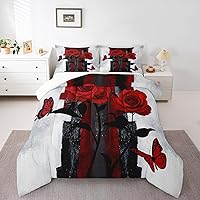 Vista 6 de Juego de edredón de rosas rojas, tamaño Queen, relleno de edredón negro y blanco degradado para adultos, juego de ropa de cama vintage de acuarela