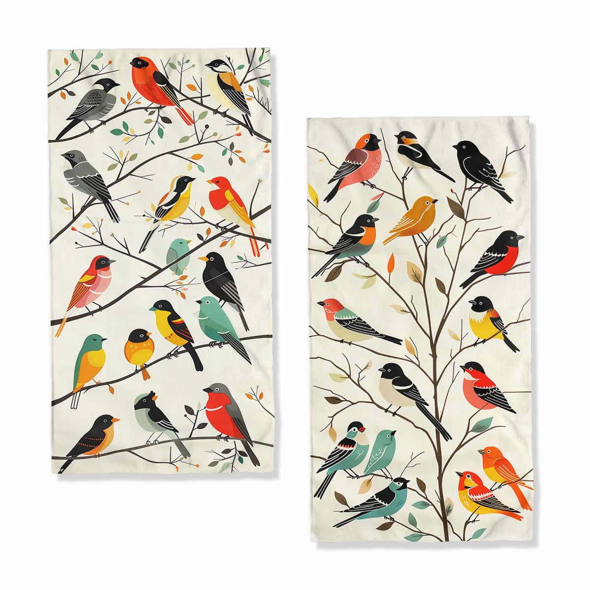JLSTK Birds & Forest Bath Hand Towel Set of 2 - Vintage, Absorbent - 14"x28" - For Home, Hotel, Spa, Gym, Yoga, Beach, Nautical Decor & Gifts