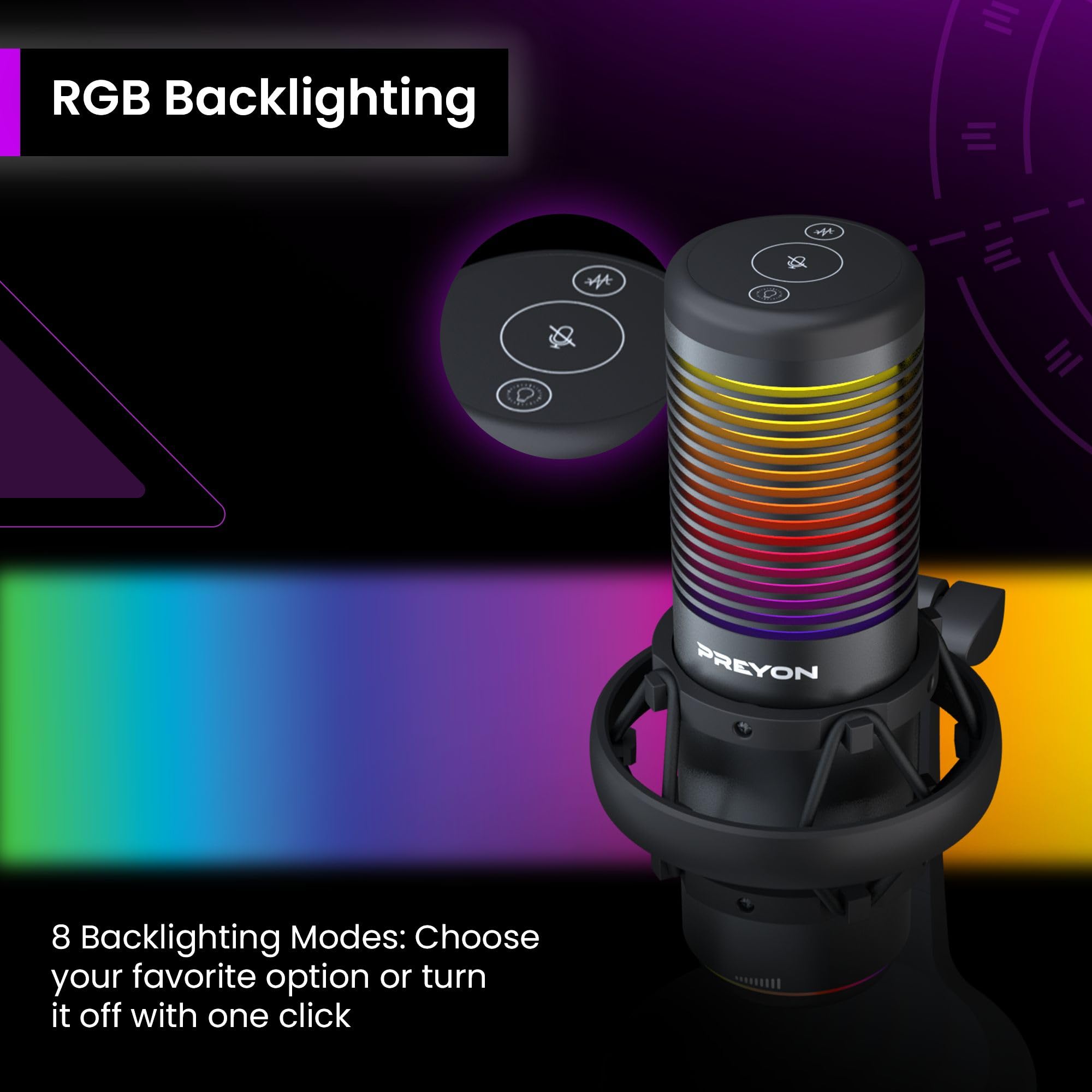 PREYON Microfono PC Gaming RGB USB per Video Social Podcast Condensatore Professionale Streaming con Asta Asmr - Laptop Cantare Registrare Canzoni Micro con Pulsante di Silenziamento – Nero