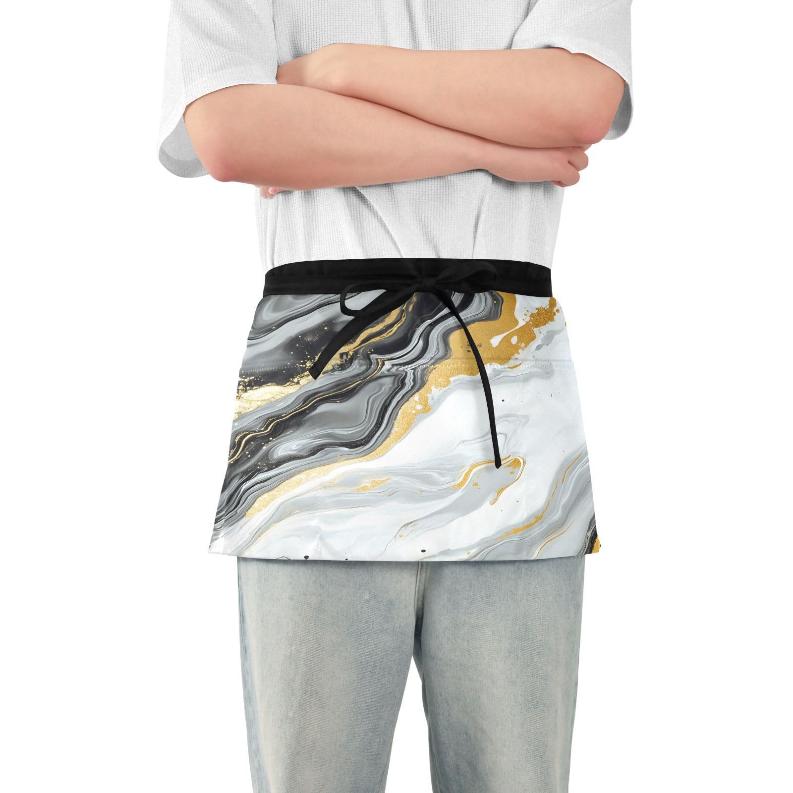 Kigai Gilt Marble Background Server Aprons for Men Women Water & Oil Resistant Waitress Waiter Waist Apron with 3 Pockets
