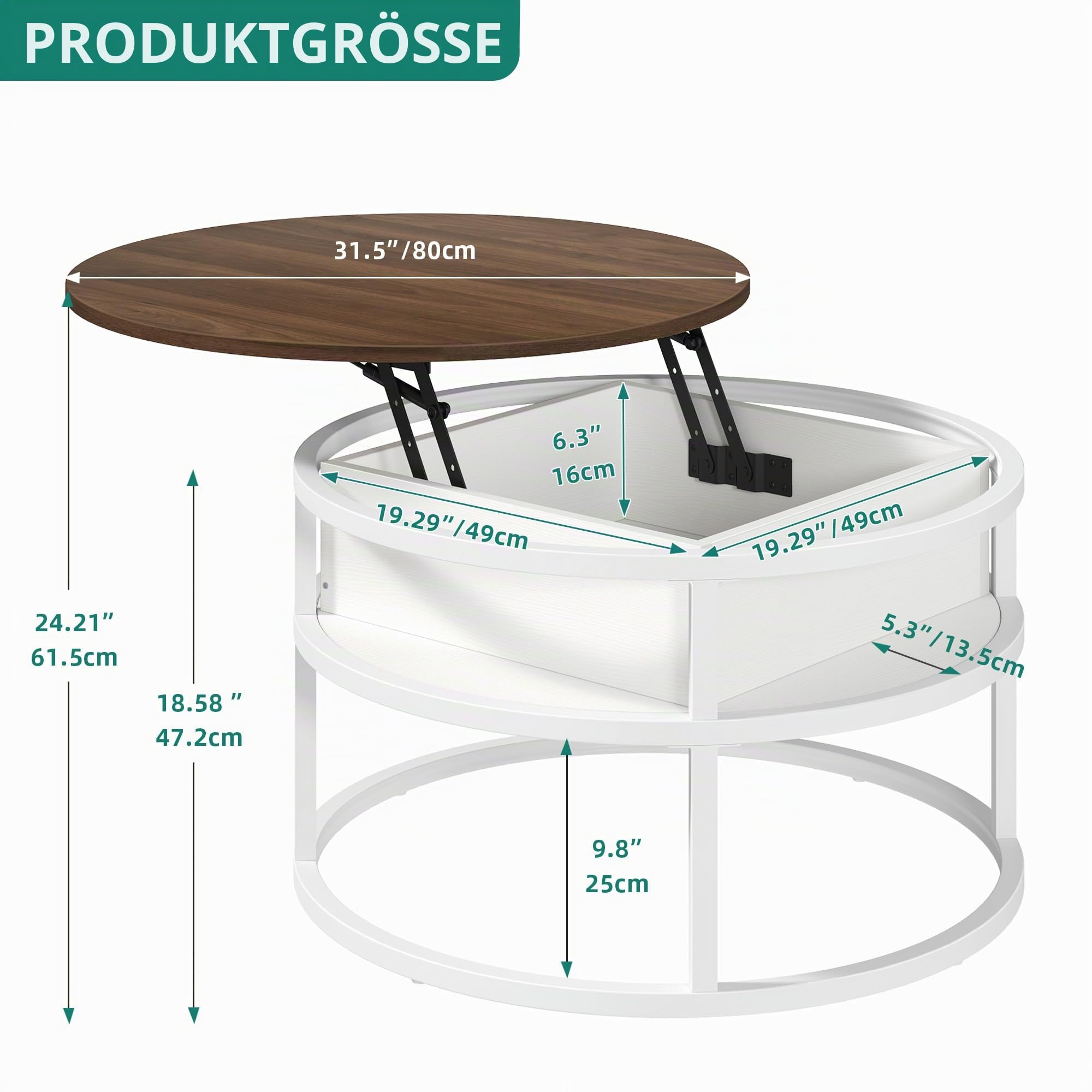 YITAHOME Couchtisch Rund mit Hebeplatte, Wohnzimmertisch mit verstecktem Ablagefach, Beistelltisch Rund mit Stauraum für Home Office, Runder Mitteltische Wohnzimmer, Weiße Eiche