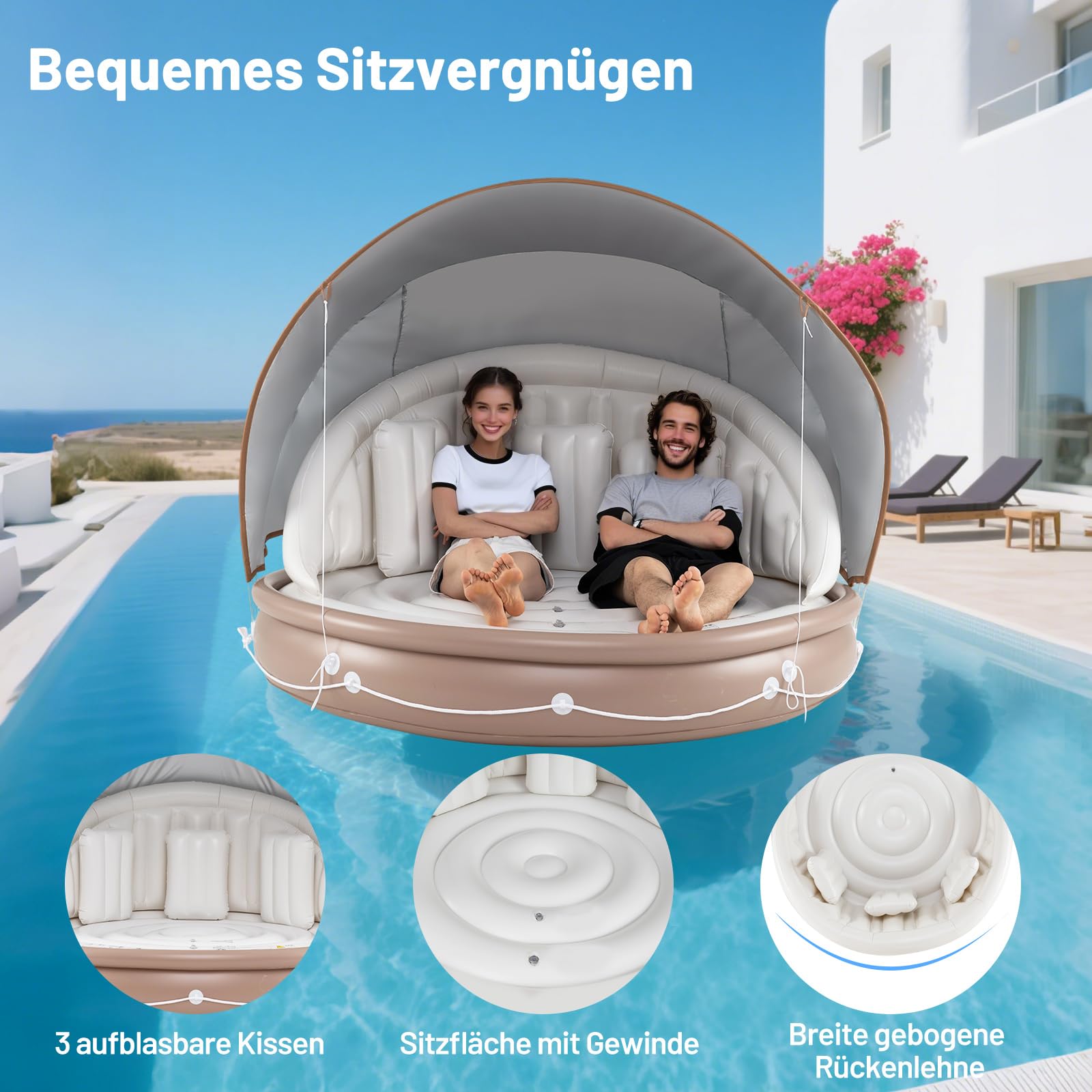 COSTWAY Aufblasbare Badeinsel mit einziehbarem Dach, Schwimminsel mit 3 bequemen Kissen, SPF 50+, Schwimmliege bis 180 kg belastbar, aufblasbare Lounge für 2 Erwachsene