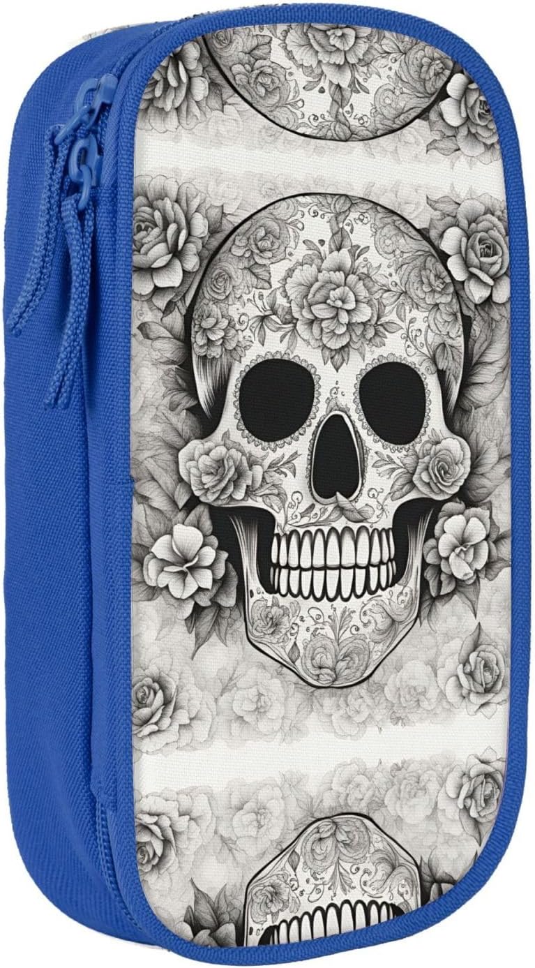 Mexican Skull Print Portable Pen Bag For Office,Double Layer Zipper Pencil Box Lightweight Pencil Case