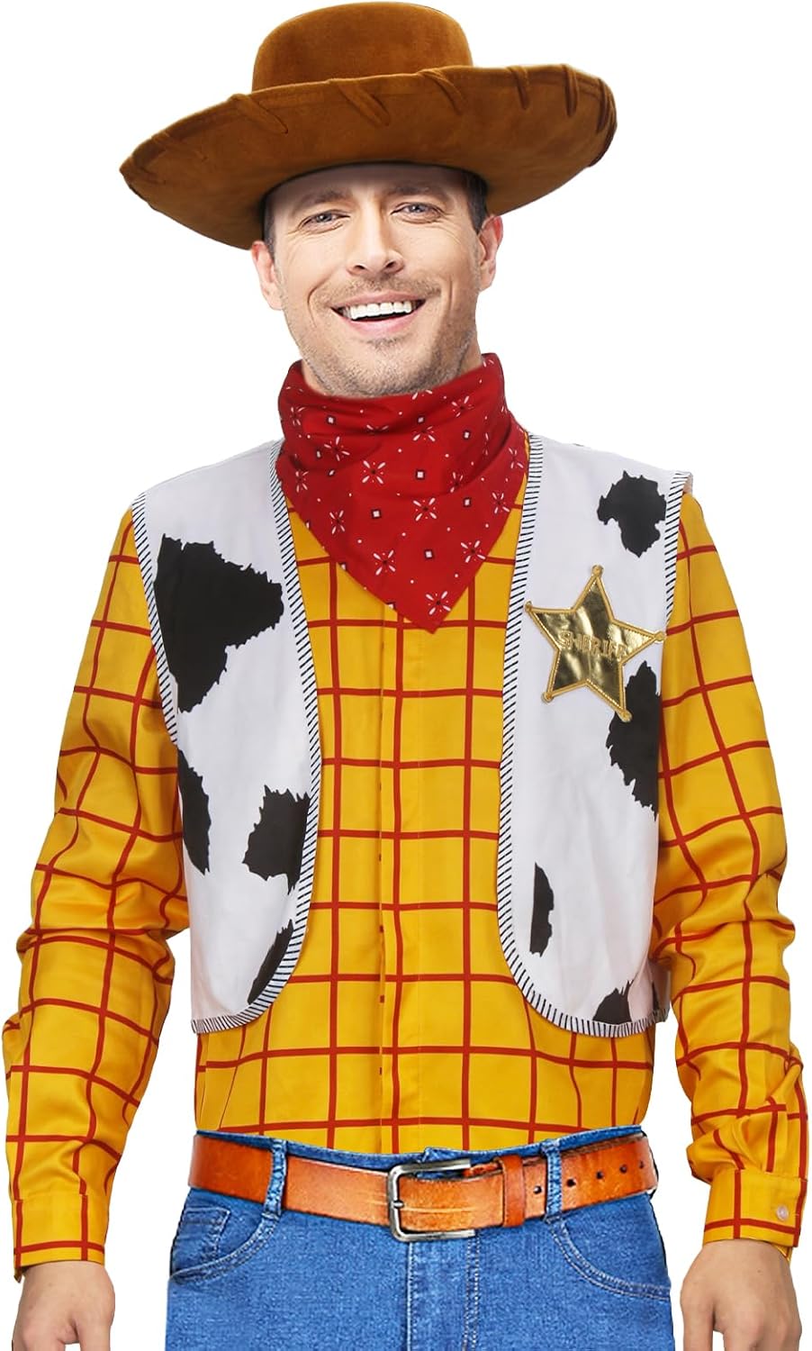 PARTYEVER Cowboy Costume Men's Lapel Tartan Shirt Cowboys Hat Vest Scarf With Sheriff Badge Halloween Outfits