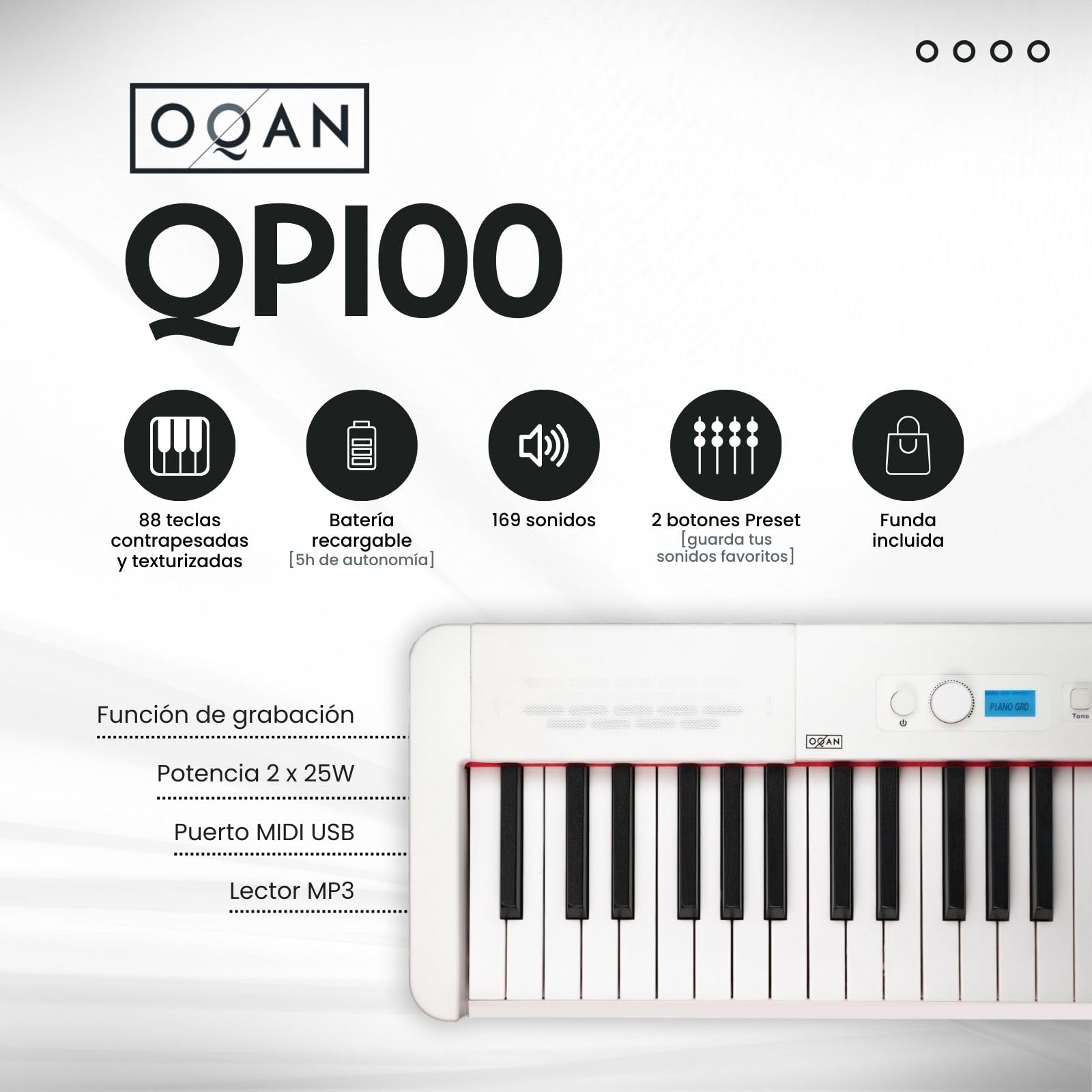 OQAN QP100 - Pianoforte digitale portatile, 88 tasti contrappesi, con batteria ricaricabile, kit completo con custodia per il trasporto e pedale sustain, 169 suoni, USB-MIDI, MP3 e altoparlanti