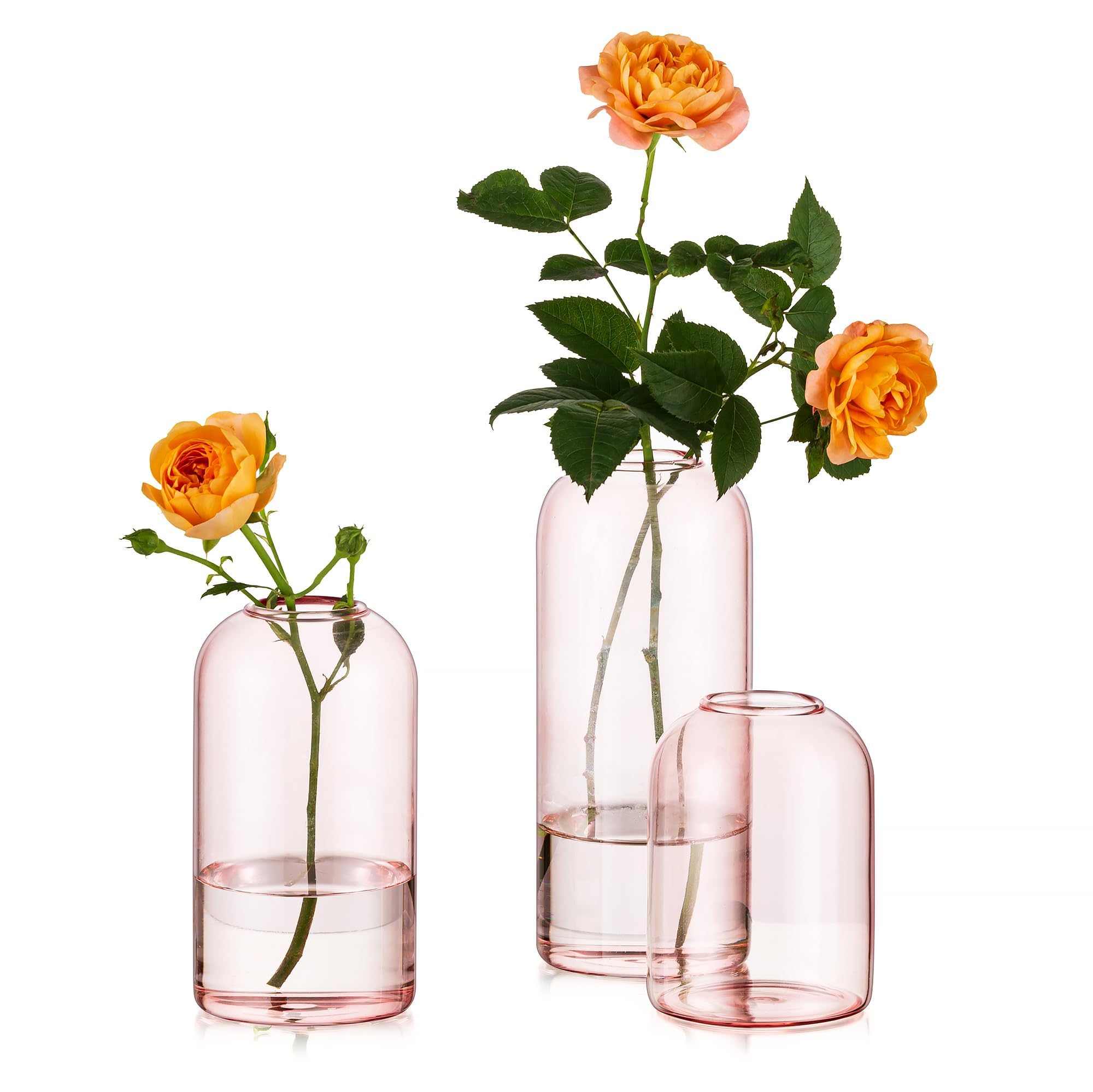 Glasseam Bud Vases for Flowers, Cute Pink Vase Set of 3, Handmade Glass Flower Vases, Modern Decorative Cylinder Vases for Wedding Table Dining Room Decorations