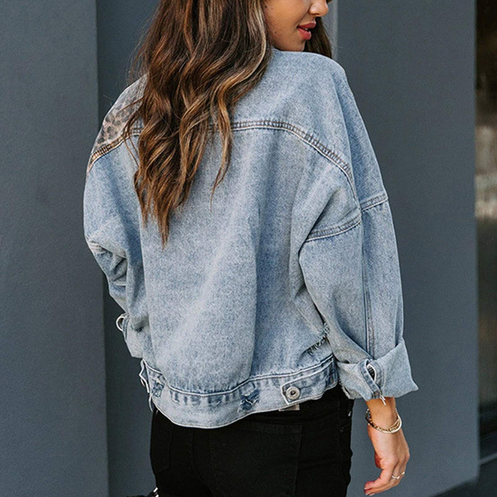 Jeansjacke Damen Leopardenmuster Oberteile Langarmshirts Mädchen Damen Patchwork mit