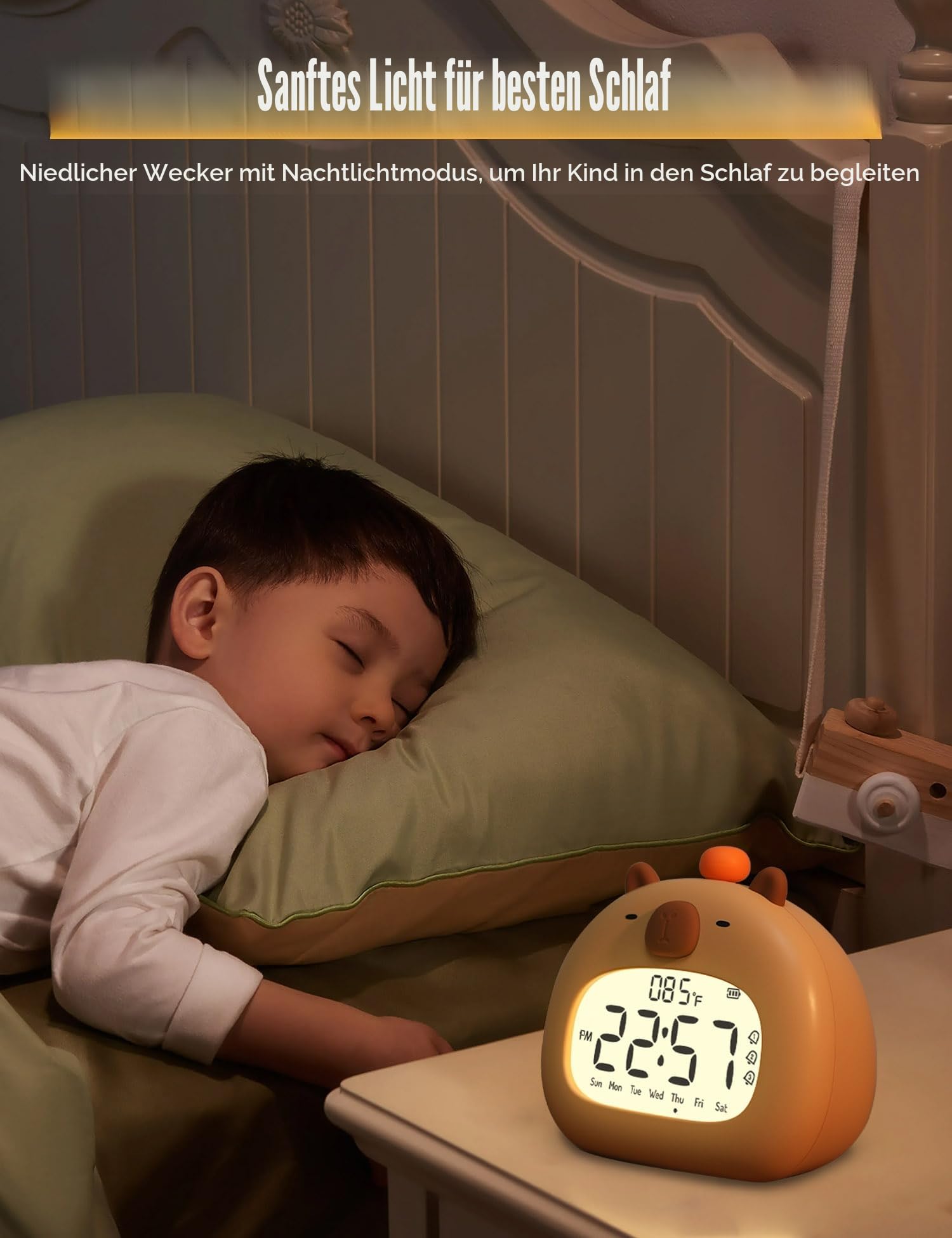 IHALO Capybara Kinderwecker mit Nachtlicht, Wecker Digital Kinder, Ok to Wake 3 Alarme, Snooze und Timer, Wiederaufladbar für Schlafzimmer Schreibtisch Reisen Dekoration Babyzimmer Jungen und Mädche