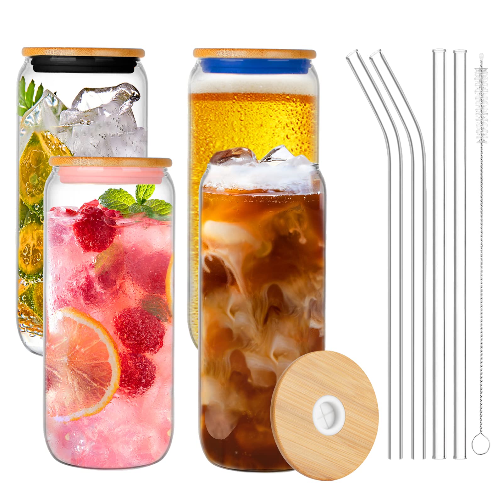 Drinking Glasses with Glass Straw 4pcs Set 16oz Can Shaped Cups, Be 良質