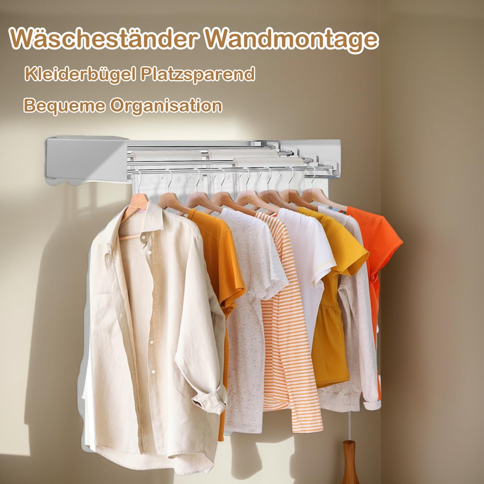 Wäscheständer Wandmontage, 50CM 4-Stange, Platzsparend, Robust, Ausziehbar, Faltbar, für Indoor & Outdoor, Balkon