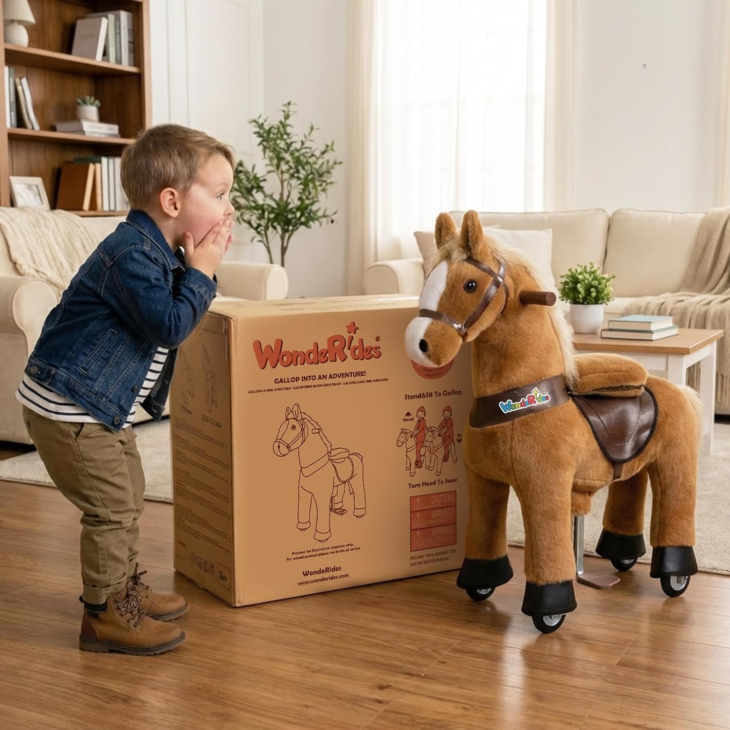 WondeRides Ride on Horse Pony Cycle Riding Horse Toy Size 4 for Age 4-9 M445, 36 Inch Height Riding Pony Ride Plush Giddy up Rocking Mechanical Walking Animal with Wheels No Battery for Child Kids
