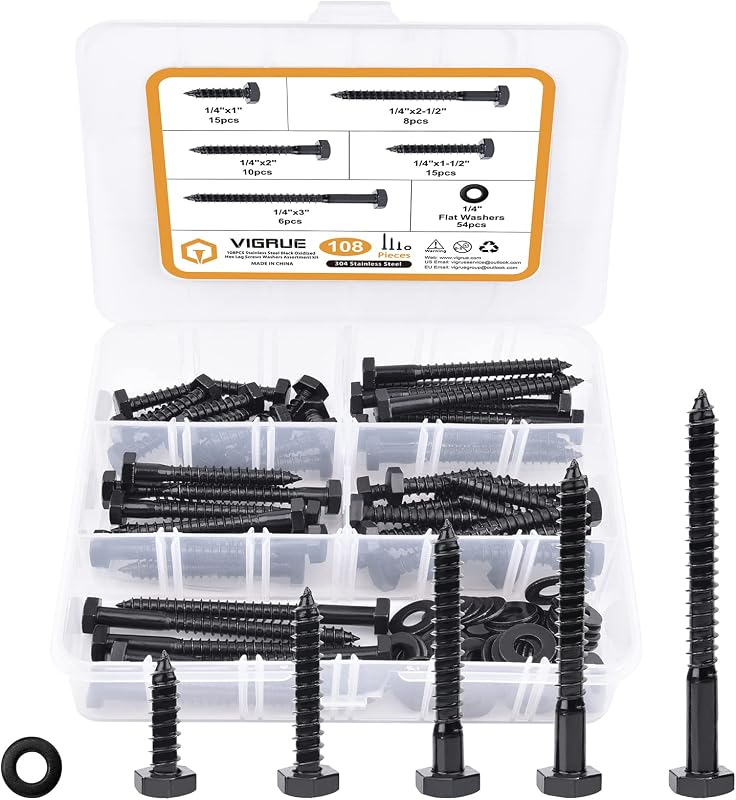 1/4" Hex Lag Bolts Stainless Steel 18-8 (304), VIGRUE 108PCS Black Oxidized, Hex Lag Screws Heavy Duty Wood Screws Washers Assortment Kit, Length Include 1" 1-1/2" 2" 2-1/2" 3"