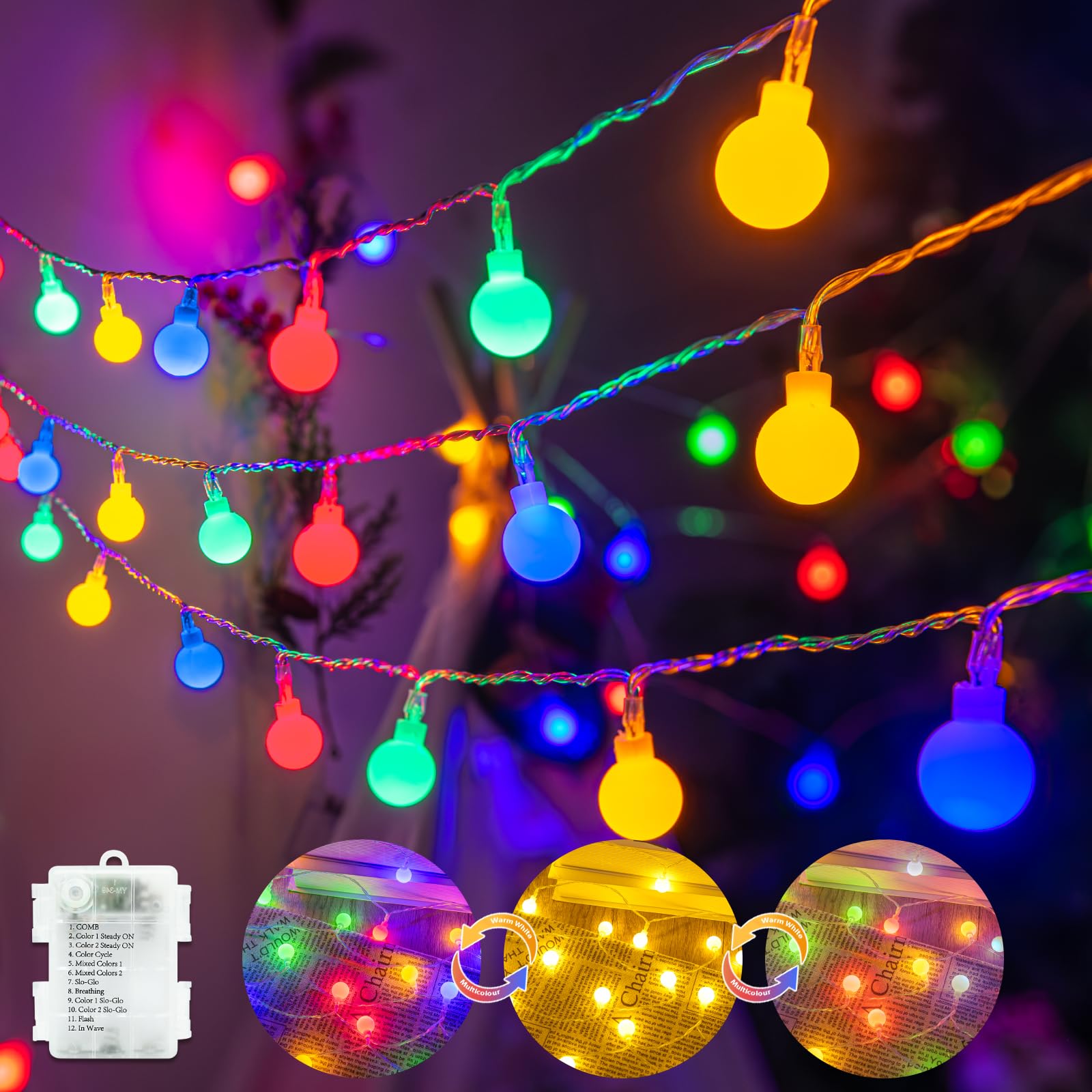 Isisyu Colour Changing Globe Fairy Lights, 3M/9.8ft 20 LED Warm White Multicoloured Globe String Lights Battery Powered with 12 Modes, Timer for Christmas, Wedding, Balcony, Garden, Camping