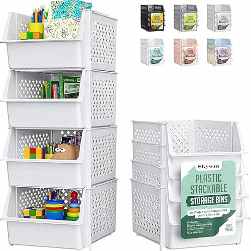 TidyFriend Stackable Storage Bins for Pantry, 4 Pack Stackable Bins
