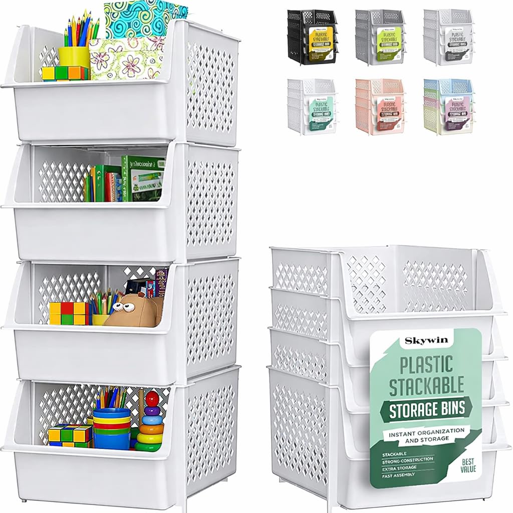 TidyFriend Stackable Storage Bins for Pantry, 4 Pack Stackable Bins For Organizing Food, Kitchen, and Bathroom Essentials (White)