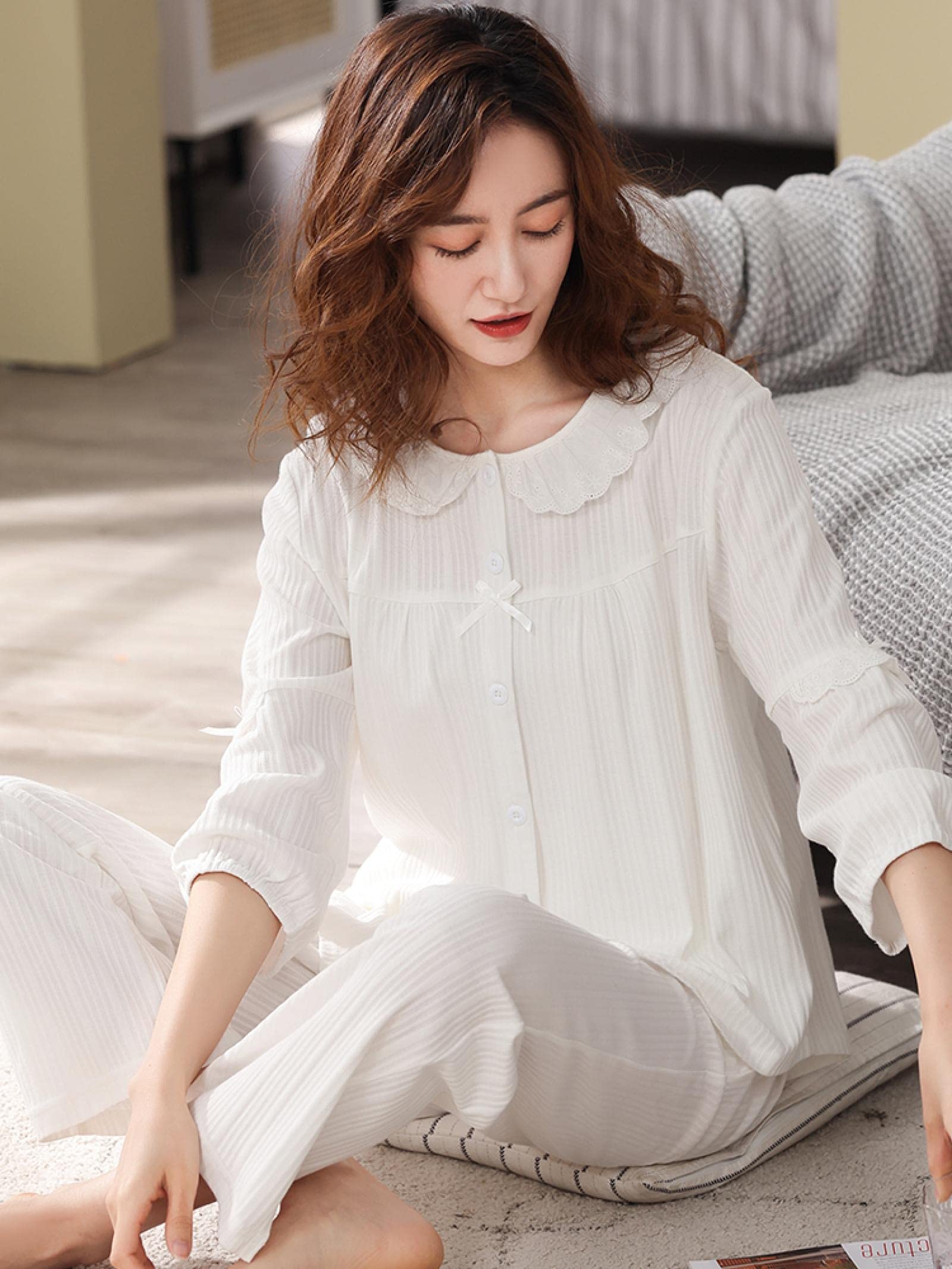Un Pijama Cómodo Pijamas De Mujer Pijamas De Mujer Pijamas De Mujer Conjunto De Pijamas De Algodón 100% Ropa De Dormir 2 Piezas Traje De Pijama para Mujer Ropa De Casa,White-M