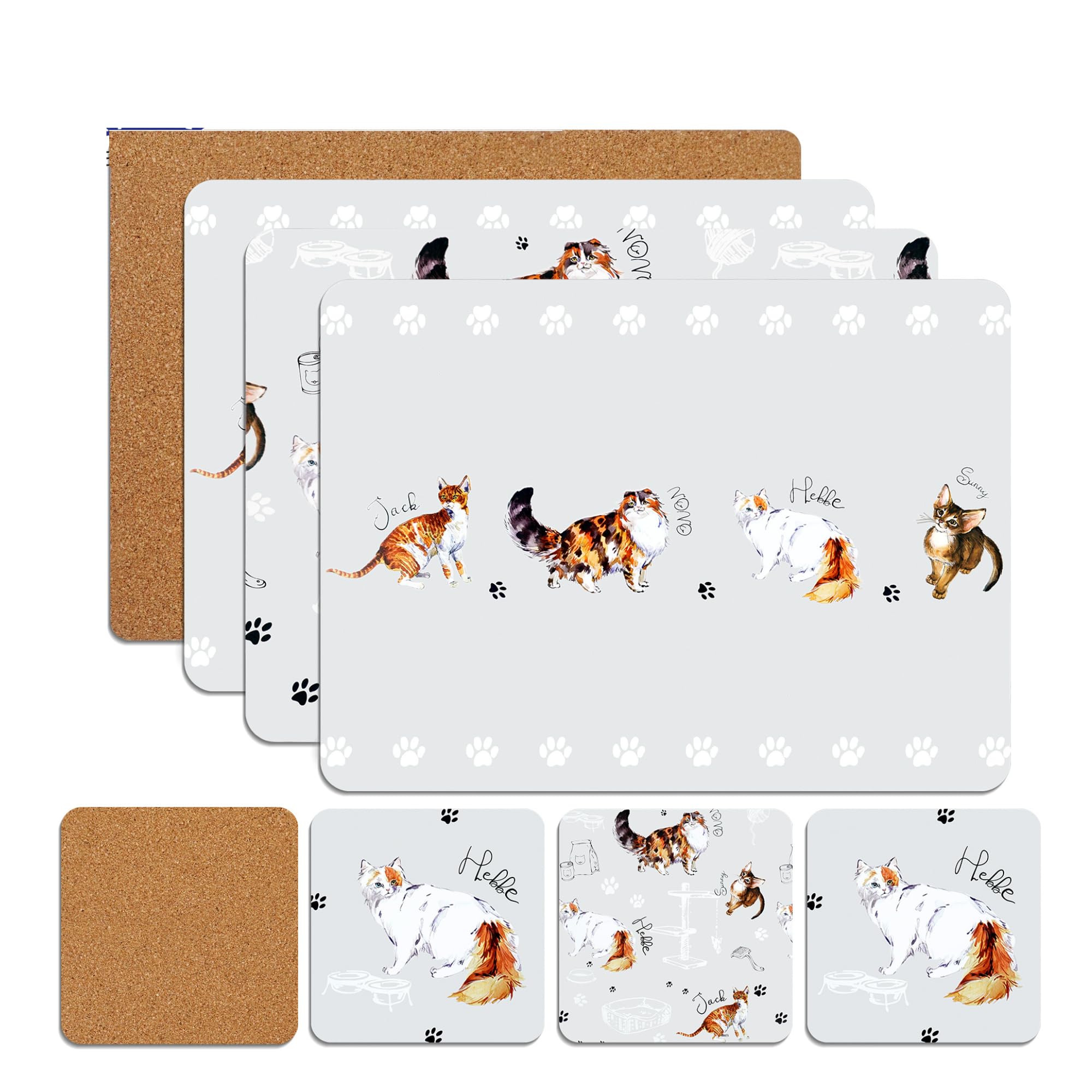 Sixsigma Sports Cute Cats Placemats & Coasters Set Heat Resistant Cork Placemats Table Mats For Dining Kitchen Place Mats Set Of 8 - Ideal Table Christmas Decorations 21.5 X 29Cm (Cute Cats)