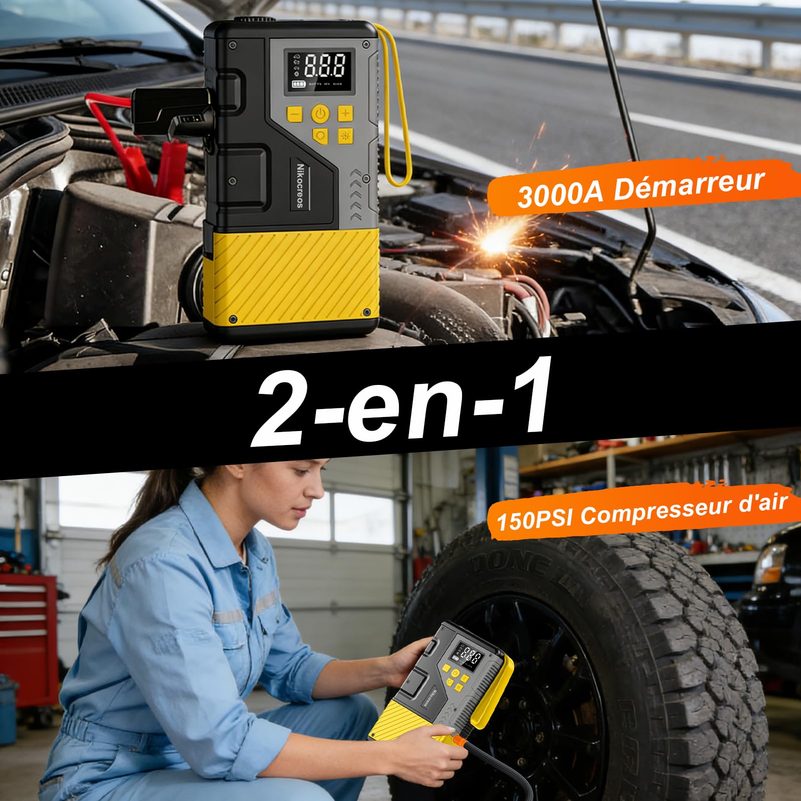 Démarreur de voiture portable avec compresseur d'air pour les situations d'urgence, pic de 3000 A et max 150 PSI, compatible avec les moteurs essence de 12 L et diesel de 10 L, lampe LED