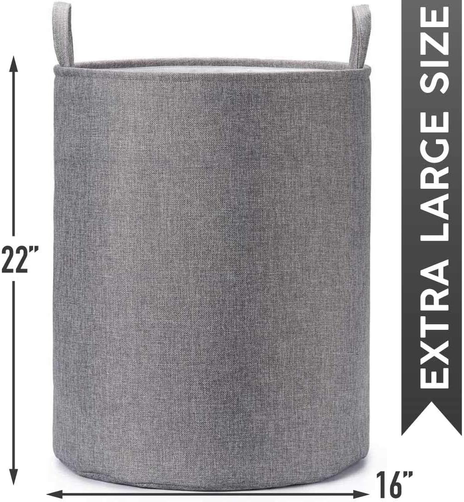Every Deco Round Cylinder Wire Metal Frame Dual Fabric Laundry Basket Hamper Bin Storage Collapsible Fold-able Organization Toys Clothes - 22" H/X-Large - Grey Crosshatch