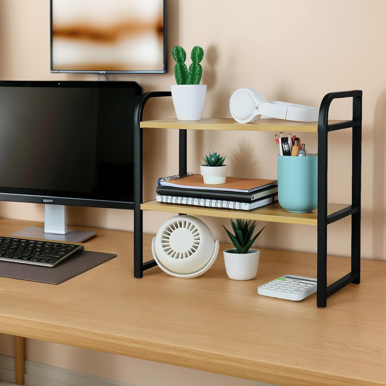 Desktop Shelf Organizer Office Desk Shelf for Top of Desk Wood & Metal Bookshelf Supplies Storage Rack (Black&Walnut)