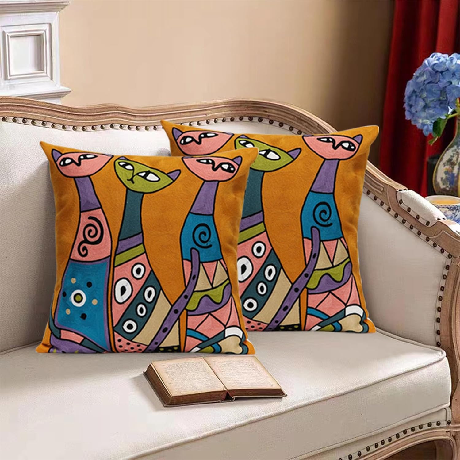 Pack of 2 Decorative Square Pillowcase Abstract Art Embroidered Throw Pillows Cover for Couch Farmhouse Patio Garden Sofa Chairs 18x18 Inch (Yellow Long Neck Cat)