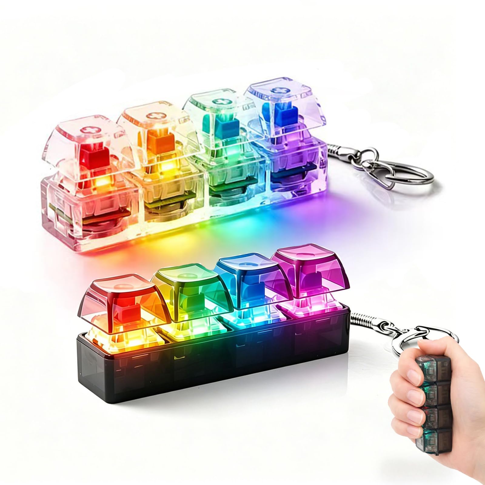 2Pcs Keyboard Fidget Toy, Light Up Fidget Keyboard with Clicking Mechanism, Stress Relief Tool for Office and Home Use, Transparent White and Black Four-Key Design