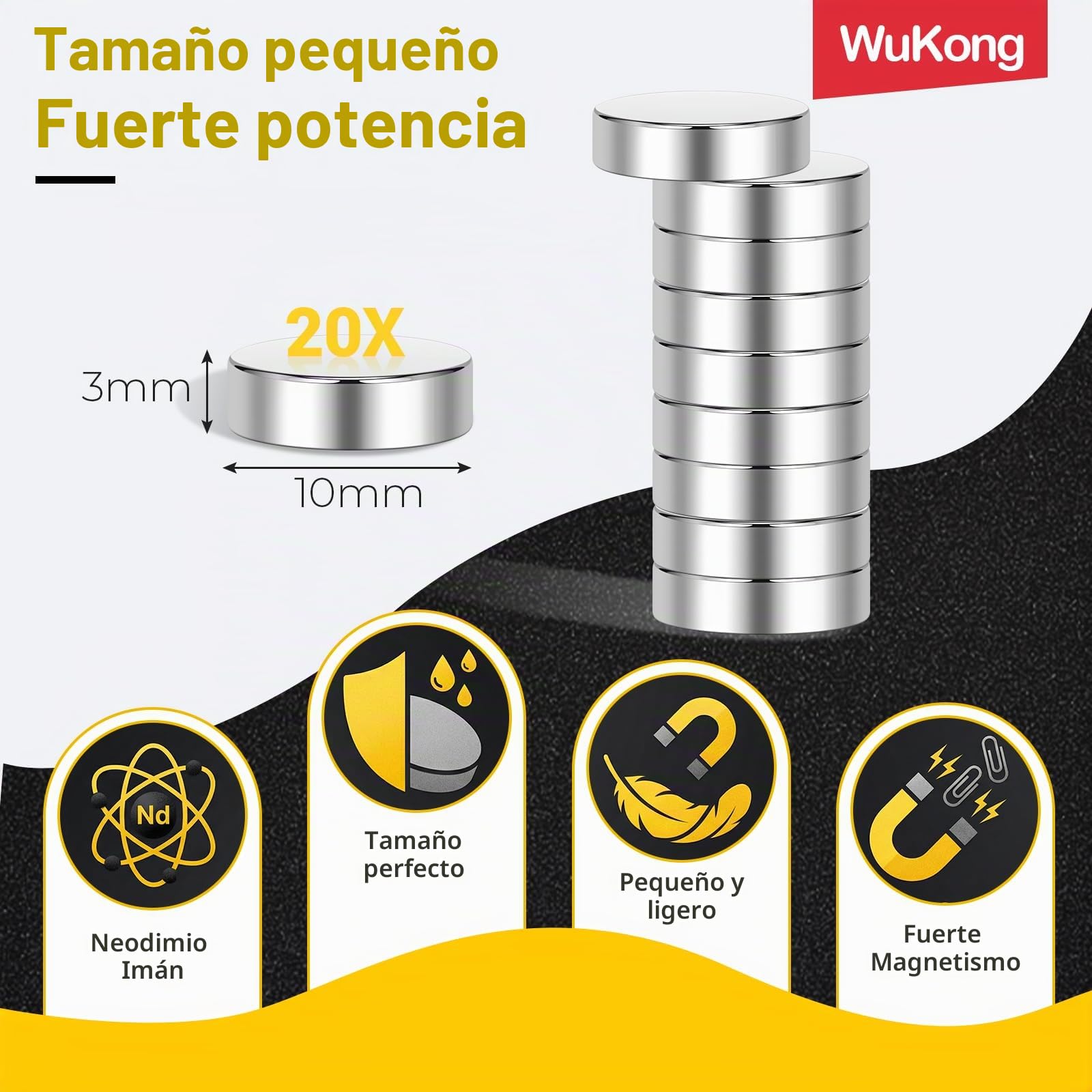 Imanes de neodimio Wukong 10x3mm | Paquete de 20 mini imanes extremadamente fuertes, imanes redondos pequeños para tablero magnético, tablero magnético, nevera, manualidades, oficina, cocina