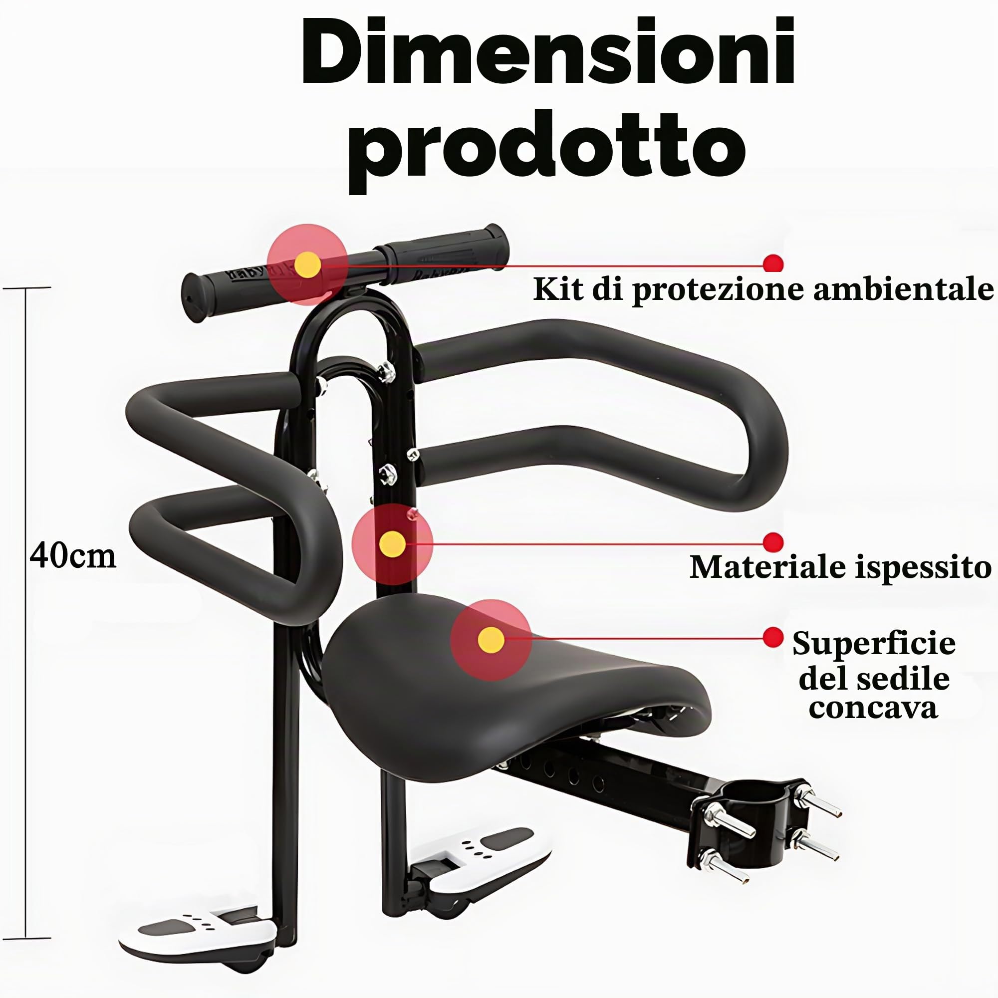 Seggiolino Bici Anteriore, Seggiolino Anteriore Bici Bambini, Regolabile in Altezza in avanti e Indietro, con Comodo Sedile Singolo, Bracciale, Recinzione, Pedali, Peso 30 kg, Nero