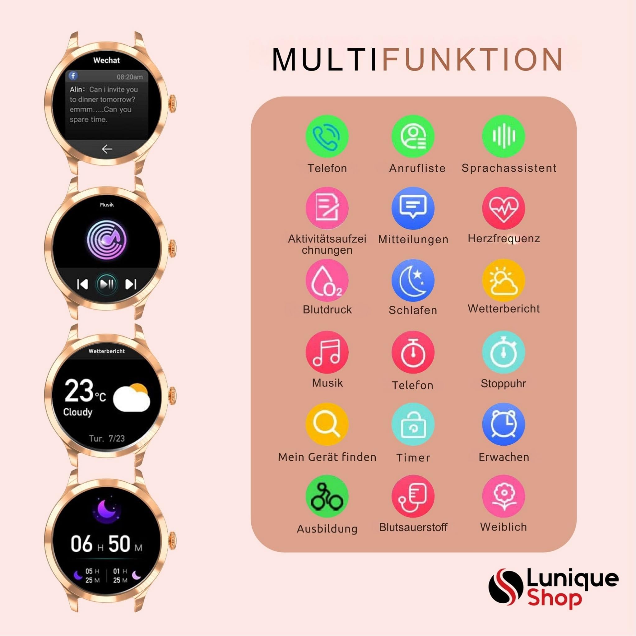 LUNIQUESHOP Round Smartwatch V2 für Frauen Telefonfunktion, Sprachassistent|Kleiner runder 1,19" 120 Sports Herzfrequenzmonitor Blutdruckmonitor Schlafmonitor Damenuhr Android iOS Schwartz Gold