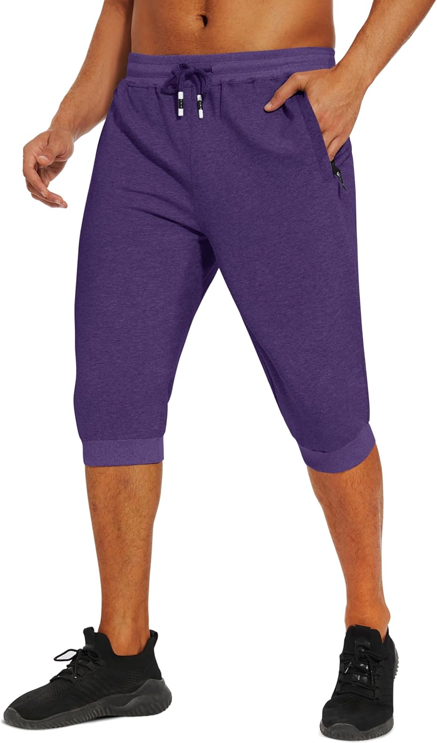 FASKUNOIE Men's Cotton Casual Shorts 3/4 Jogger Capri Pants Breathable Below Knee Short Pants with Three Pockets 30 Purple image 2 of 6 B09Y91PL2P