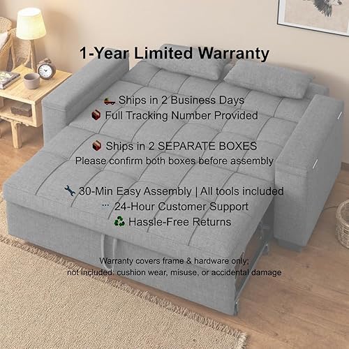 Miniatura 8 de Gizoon 3 in 1 Convertible Sofa Bed Queen, 63.6'' Pull Out Couch with Storage Armrests, Sofa Cama, Adjustable Backrest & Pockets, Linen Loveseat