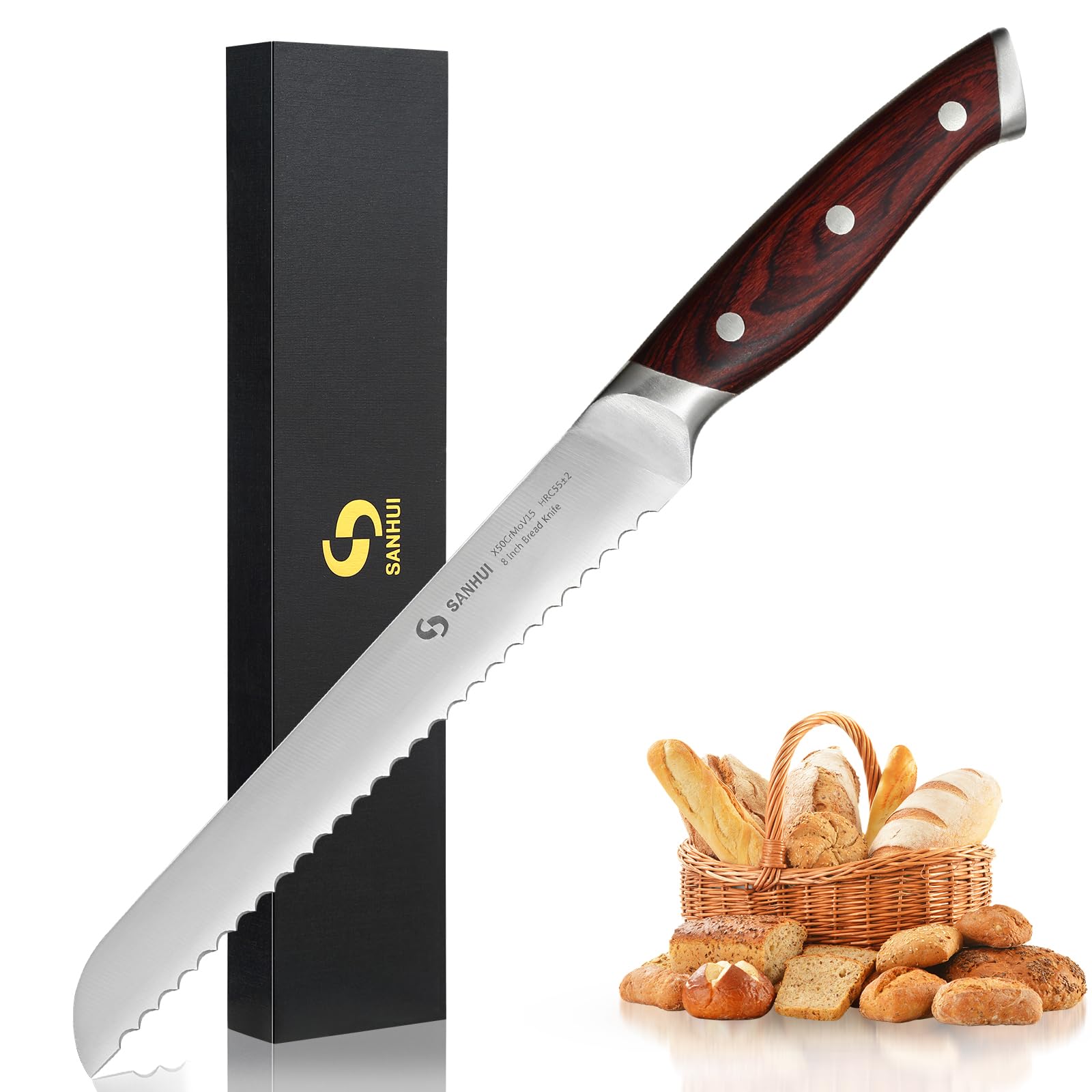 SANHUI Professional Bread Knife 8 Inch - High Carbon Serrated Bread Knife with Natural Pakkawood Handle, Ergonomic Design for Effortless Slicing of Homemade Bread, Cakes, Crusty Loaves & Pastries
