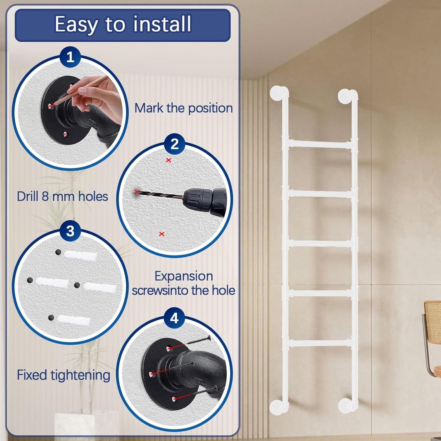 Wall Mounted Metal Step Ladder Basement Window Well Egress Ladder Emergency Fire Escape Climbing Ladder，Multi-Purpose Attic Straight Ladders Bunk Bed Ladder for RV Dorm(105cm/41in)